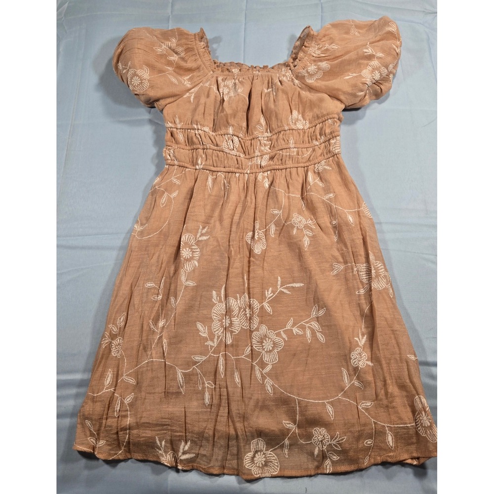 Xtraordinary Girls Floral Smocked Puff Sleeve Dress Terracotta Size 12